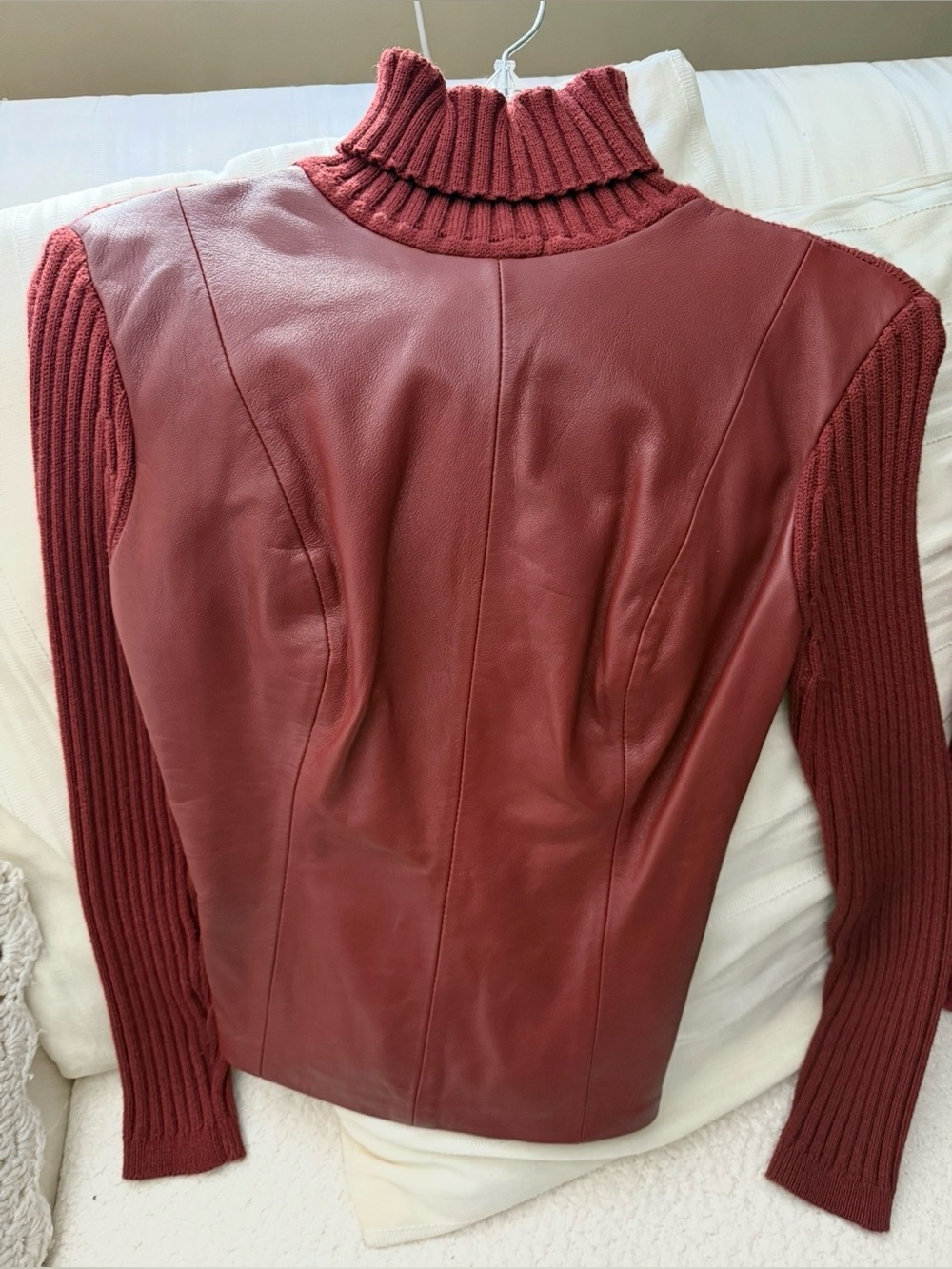 Rib Sleeve Leather Panel Turtleneck Sweater - Brick Red